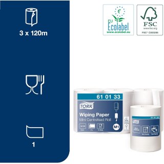 Tork 610133 Bobine de Papier d&rsquo;Essuyage  Dvidage Central blanc M1, essuyage mains et surfaces, 3 x 120 m